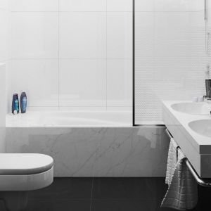 Łazienkę również urządzono w minimalistycznym stylu z dbałością o każdy detal. W wannie zaprojektowano przegrodę, która umożliwia wzięcie prysznica. Fot. Z500