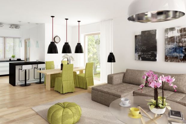 Strefa dzienna to najbardziej reprezentacyjna część domu z poddaszem o wdzięcznej nazwie Telimena II 1G. Ciekawą bryłę w klasycznym stylu wypełniają piękne białe wnętrza z nutą zieleni.
