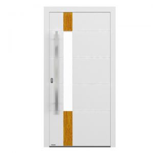 Projekt drzwi wyróżnia się wąskim, pionowym przeszkleniem, powyżej i poniżej którego znajduje się aplikacja w kontrastowym kolorze. Dodatkową ozdobą jest elegancki stalowy pochwyt – którego rodzaj i długość można indywidualnie dopasować. Fot. DAKO