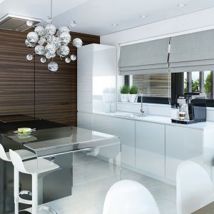 W kuchni dominuje elegancka biel ożywiona czernią i ocieplona drewnem. Duże okna doświetlają wnętrze, ułatwiając wykonywanie codziennych czynności. Fot. HomeKoncept
