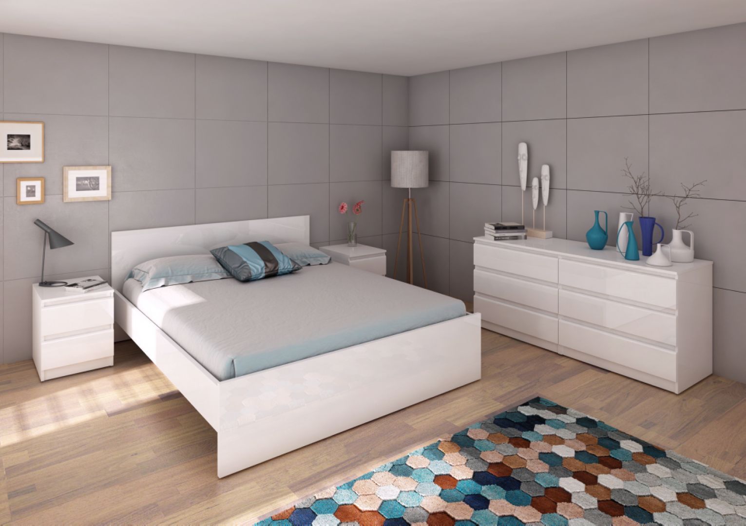 Sypialnia wyposażona w białe, lakierowane meble: łóżko, komodę i szafkę nocną. Fot. Naia