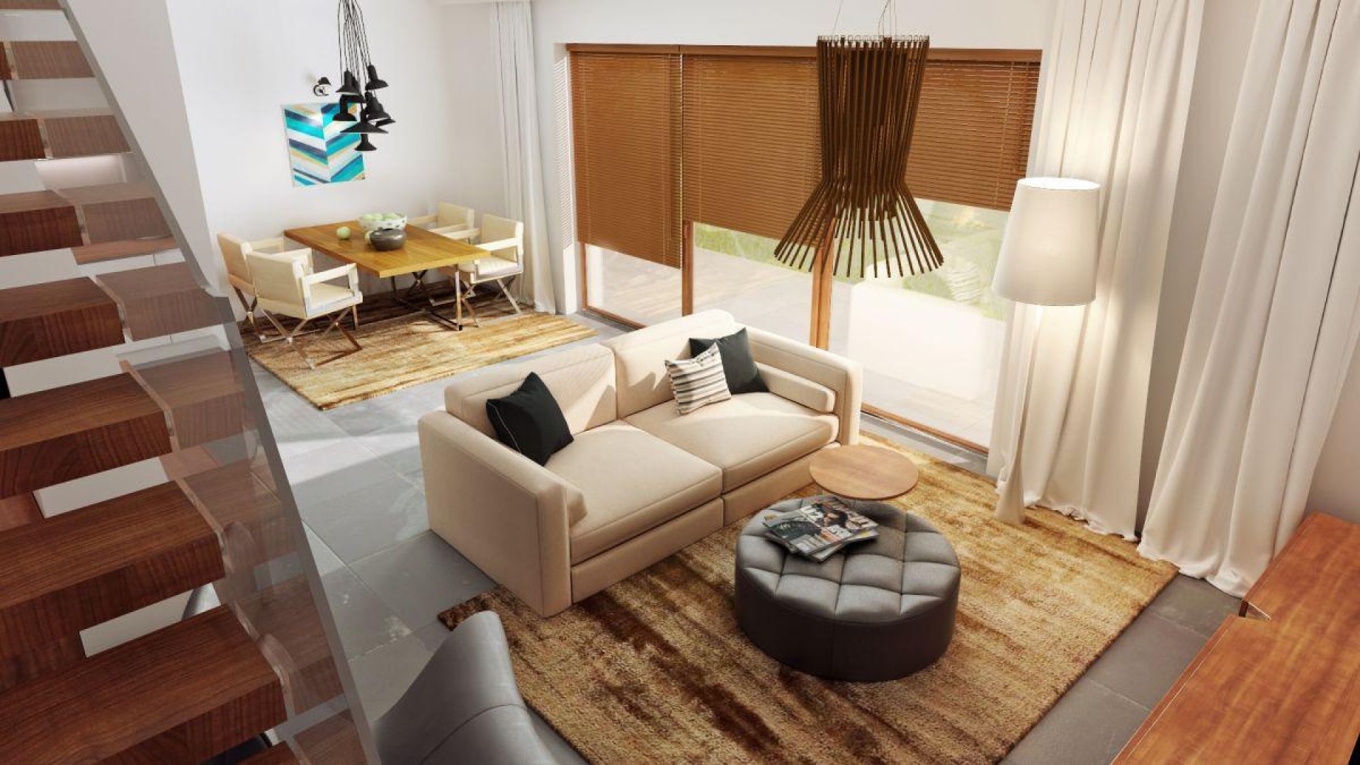 Aby zaakcentować jednolity styl przestrzeni dziennej zastosowano zarówno w salonie, jak i jadalni podobne dywany. Projekt domu Zb5, Zespół Z500