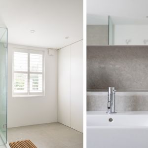 W łazience postawiono na minimalistyczną aranżację. Dominują tu biel i beton architektoniczny. Fot. Architecture For London