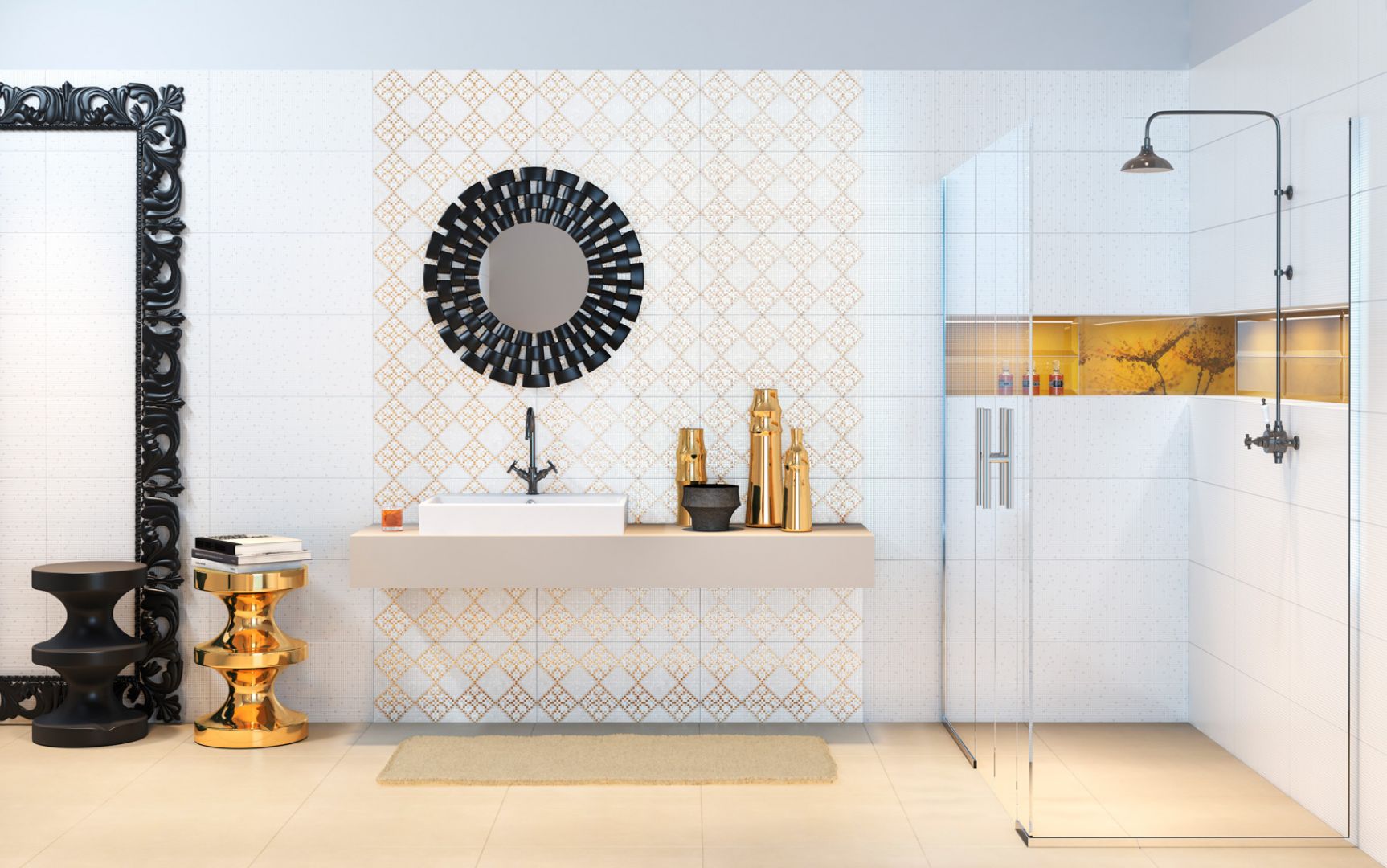 Delikatne wzory, ułożone na ścianach lub podłodze łazienki, nadadzą jej indywidualny charakter. W zależności od tego, jaki styl jest nam najbliższy, mamy do wyboru różne desenie, formaty i kolory. Fot. Opoczno