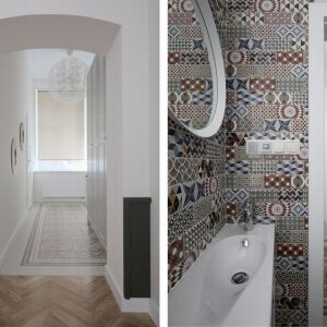 Na podłogach i ścianach łazienek położono efektowne wielokolorowe kafle (firmy Equipe) o geometrycznych wzorach, które przywodzą na myśl wiekowe posadzki, podobne do tych, które można spotkać w barcelońskich, secesyjnych budynkach. Fot. Grid