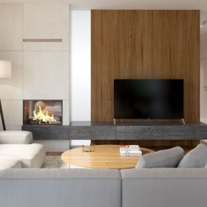 W tym nowoczesnym salonie dominuje kolor biały ocieplony drewnem. Fot. HomeKONCEPT