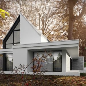 Współczesna, horyzontalna bryła domu z dwuspadowym dachem naturalnie wpisuje się w geometrię długiej i wąskiej działki. Fot. Tomasz Zaleski
