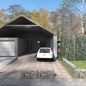 Dom wyróżnia się  garażem od frontu oraz zadaszeniem dla drugiego samochodu. Fot. BB Architekci