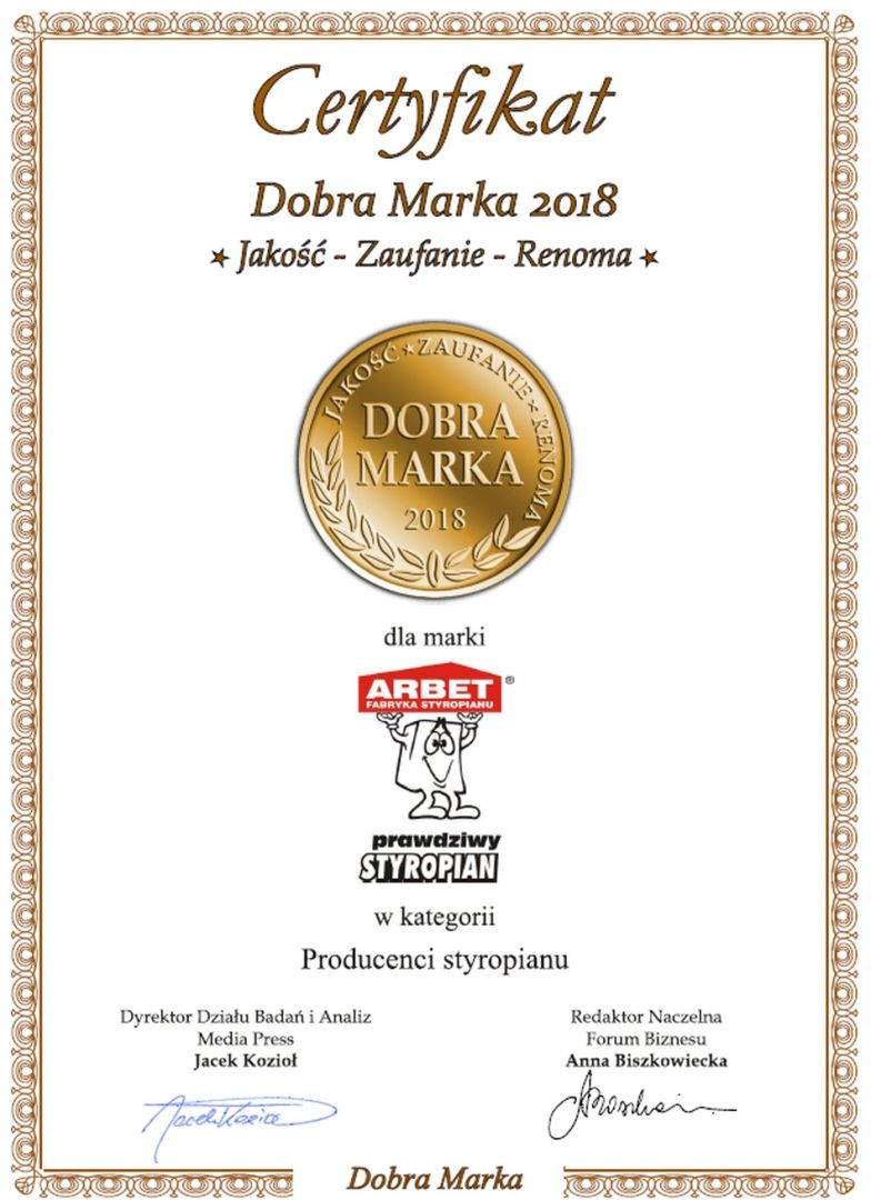 Dobra Marka 2018 - Certyfikat dla marki Arbet