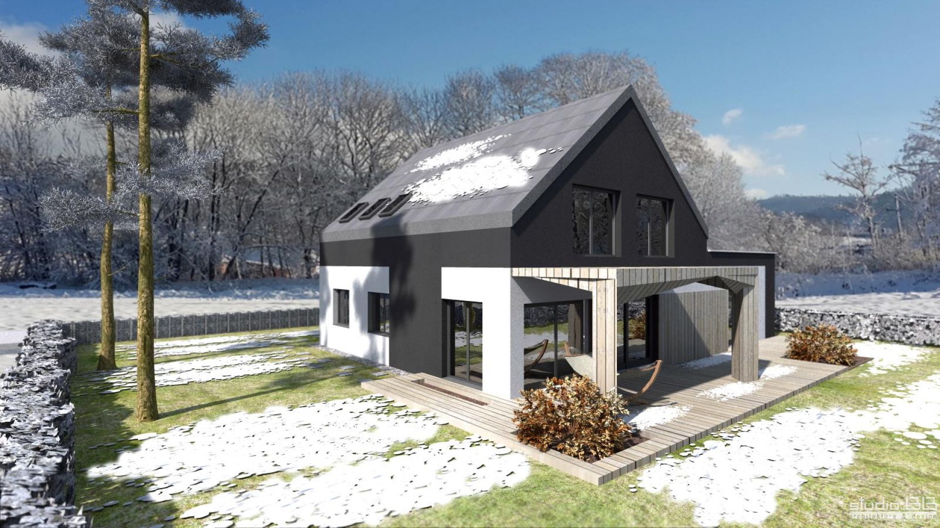 Dzięki dużemu przeszkleniu, zadaszony taras stanowi naturalne przedłużenie strefy wypoczynkowej. Fot. Studio BB Architekci