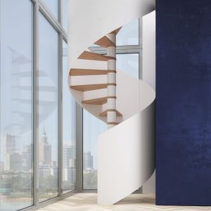 Лестница Trio Bis с поручнем Full laser.  Конструкция опирается на центральный столб, деревянные ступени.  Фото  Ринтал Польша