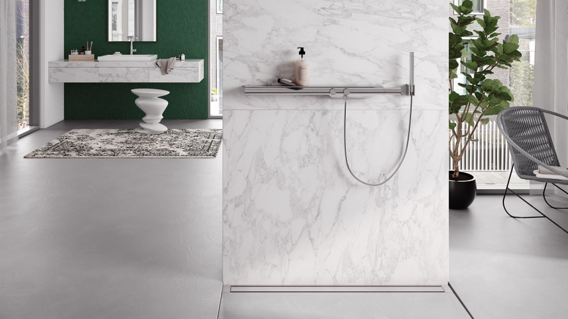 Dyskretny odpływ w nowoczesnej, minimalistycznej łazience