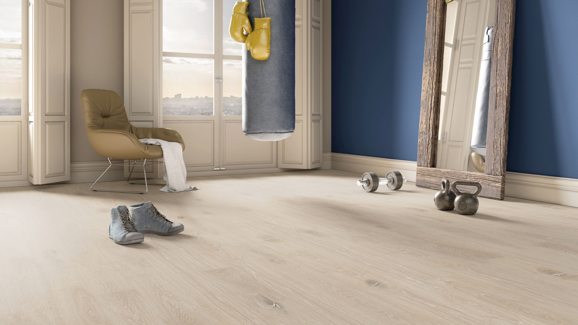 Dobrą bazą do aranżacji ton w ton jest podłoga TWO_4HIM z kolekcji Jeans Collection by Baltic Wood. Jej szczotkowaną powierzchnię pokrywa bejca w odcieniu kości słoniowej, która wnika w pory drewna, połączona z bejcą w kolorze kremowym. Podłoga TWO_4HIM w zestawieniu z meblami oraz dodatkami w kolorze beżu eksponuje minimalizm i elegancję pomieszczenia. Fot. Baltic Wood