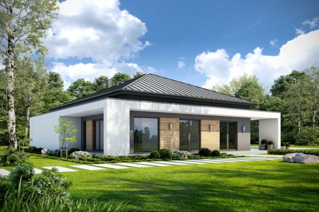 Projekt Otwarty D42 to nowoczesny, parterowy dom w wersji z dachem kopertowym. Plan domu zbliżony do kwadratu z charakterystyczną ramą oplatającą dom.