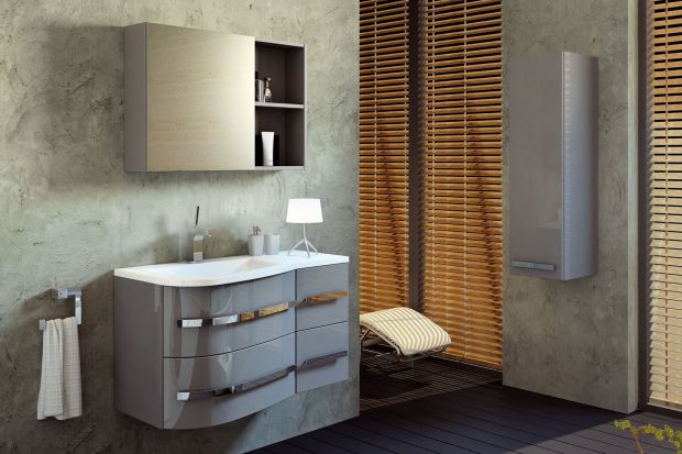Eleganckie, subtelne szarości doskonale komponują się z nieco surową, minimalistyczną aranżacją łazienki.