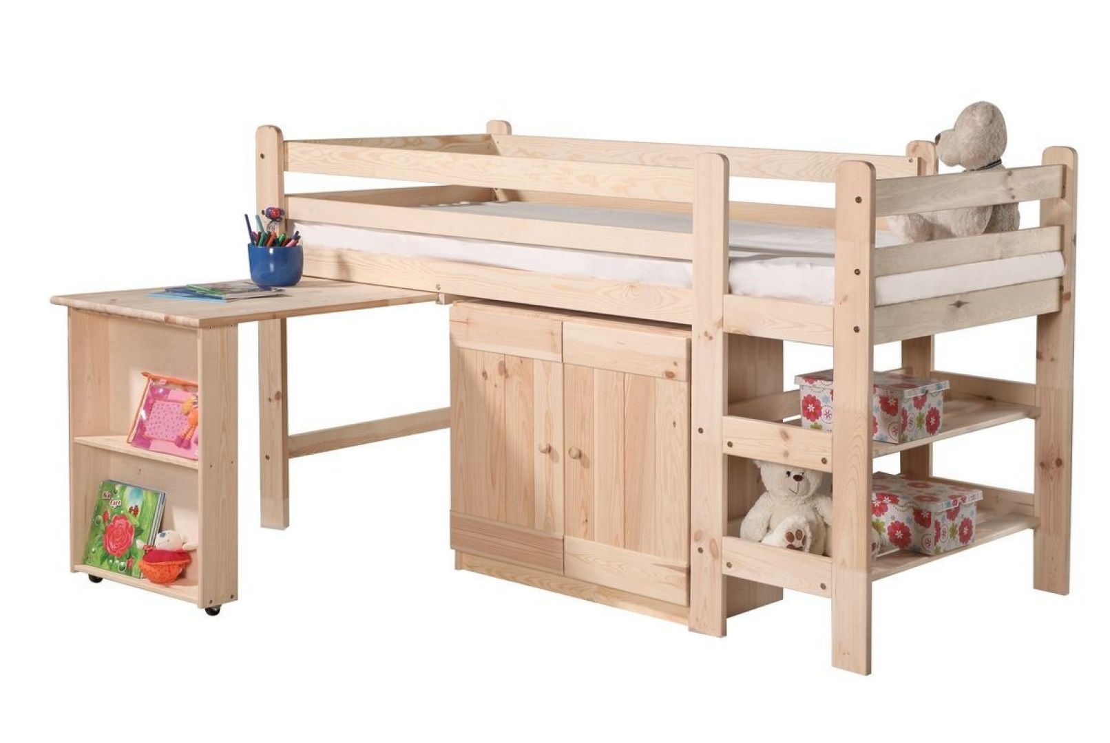 Drewniane łóżko z biurkiem, szafką i regałem. Fot. Pinio