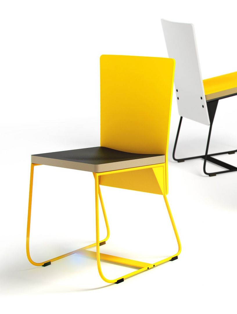 Krzesło „Diy” (Sella) zaprojektowane do samodzielnego montażu. Konstrukcja pozwala na swobodną personalizację mebla zarówno w zakresie koloru, użytych materiałów, jak również samego kształtu oparcia. Nogi wykonane ze lakierowanej stali, siedzisko oraz oparcie – ze sklejki. Fot. Sella