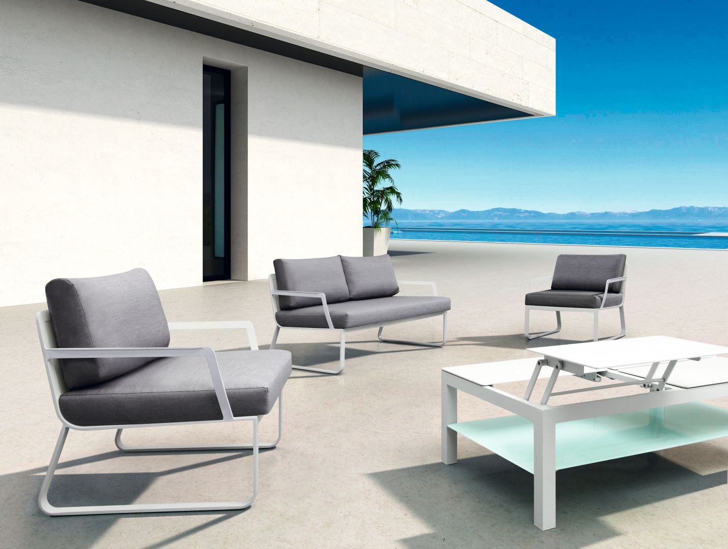 Kolekcja Lisbon Miloo: sofa set, stolik z podnoszonym baltem. Wykonany z aluminium malowanego proszkowo. Szkło w kolorze cappucino. Fotele mają aluminiową ramę i  miękkie tapicerowane siedziska. Fot. House&More