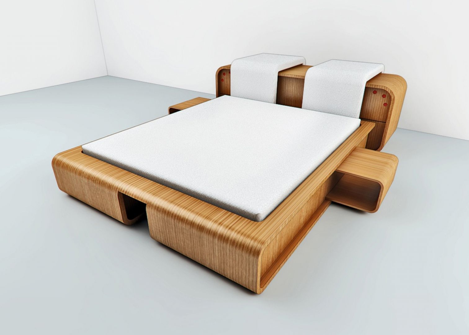 Drewniane łóżko z elementem tapicerowanego wezgłowia, osobno dla dwóch osób. Projekt Tomasza Wagnera
Fot. Archiwum 