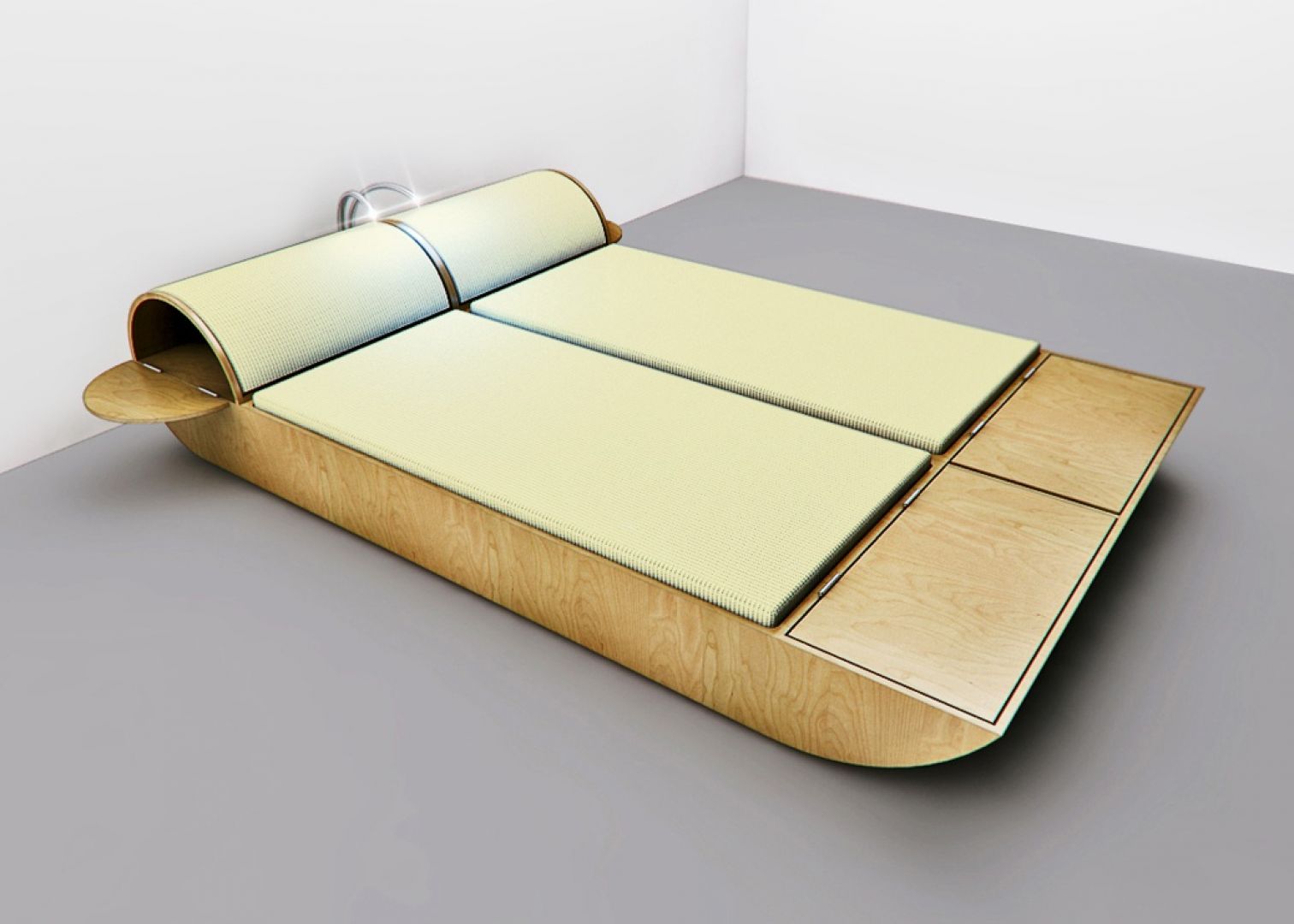 Nowoczesne łóżko z pojemnikami w dolnej jego części, a także w zagłówku. W zagłówku zamontowano malutkie lampki, umożliwiające wygodne czytanie w łóżku. Projekt Tomasza Wagnera
Fot. Archiwum 