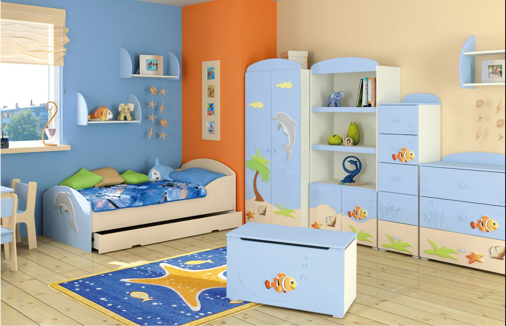 Morski błękit oraz ciekawe motywy są dobrym połączeniem do pokoju dziecięcego Fot. Baggi Design