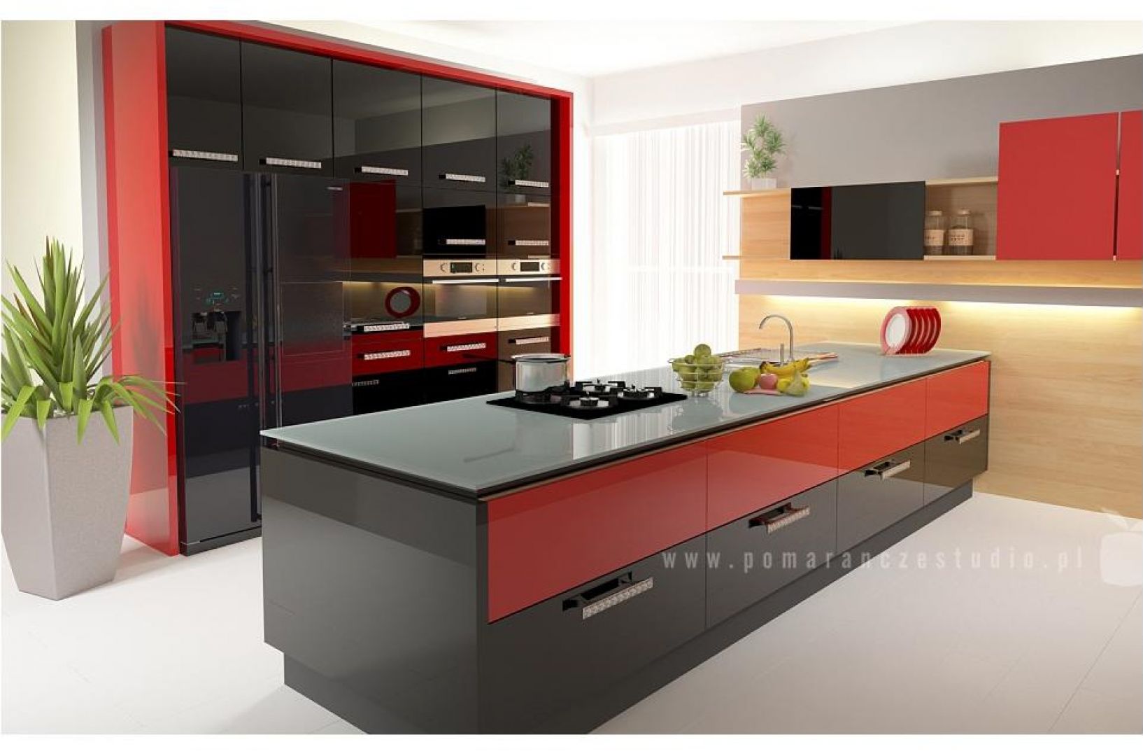 Czerwono - czarna kuchnia, zaprojektowana przez 