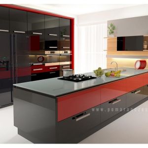 Czerwono - czarna kuchnia, zaprojektowana przez "Poarańcze Studio"
Fot. Pomarańcze Studio