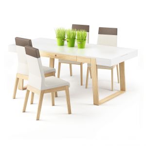 Stół z kolekcji  "Magh" doskonały do aranżacji wnętrz w skandynawskim stylu lub po prostu dla miłośników połączenia bieli i drewna. Do wyboru są stoły o różnych długościach od 140 do 198 cm długości. Fot. Meble Absynth