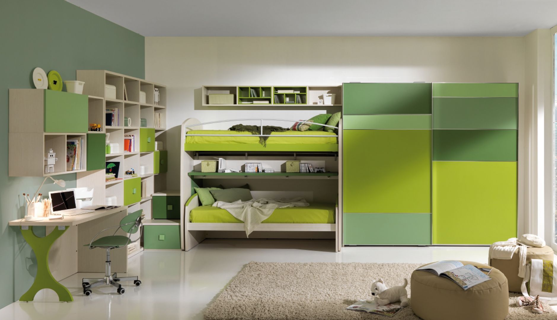 Piętrowe łóżko, przestronna szafa, ogromna ilość miejsca na książki, dzięki kubikowym półkom, a także biurko. Wszystko utrzymane w kolorach zieleni. Fot. Giessegi