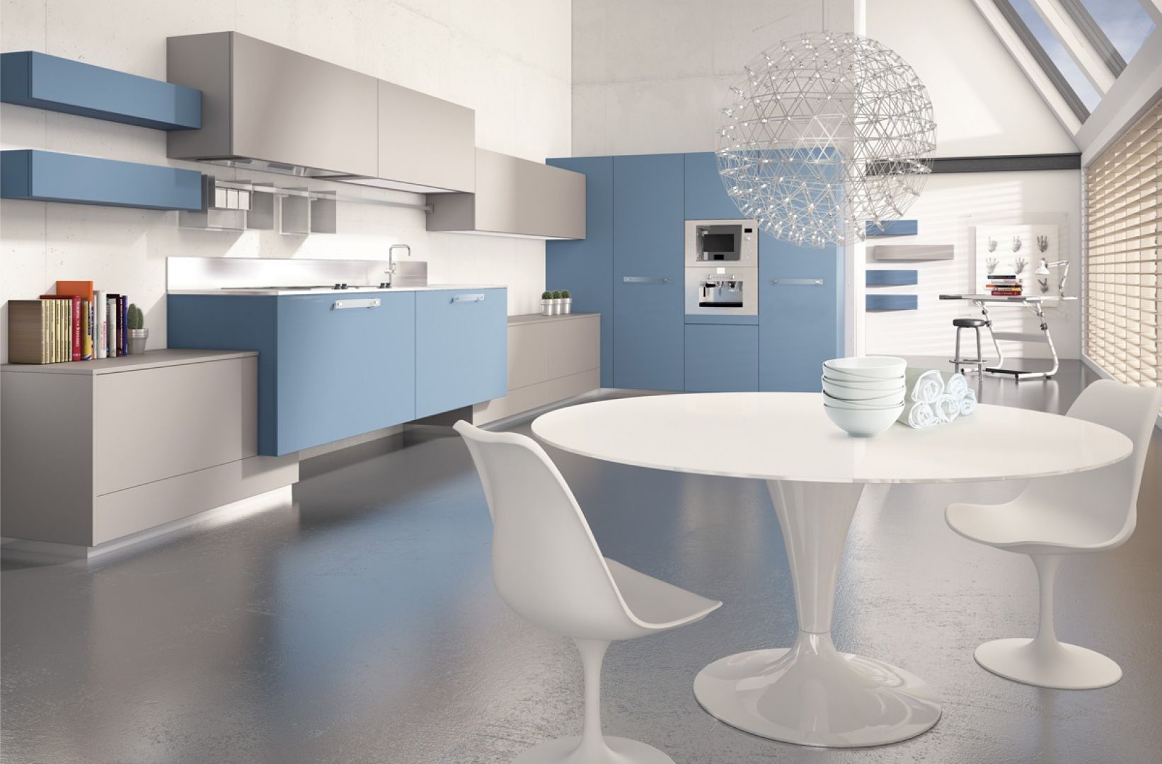 Biel i błękit pięknie zmiksowane w postaci mebli kuchennych i nowoczesnego stołu z krzesłami. Meble z kolekcji 