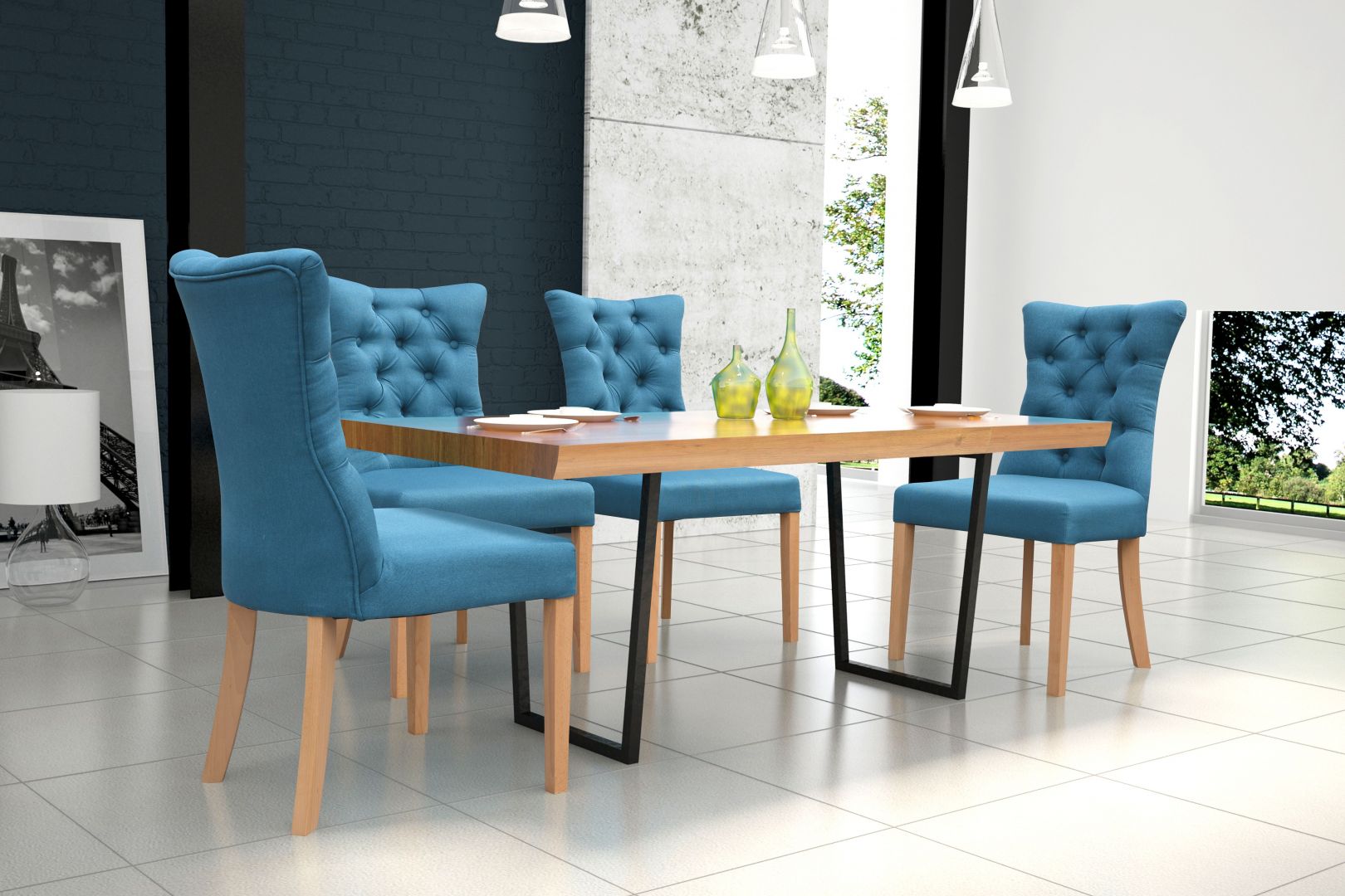 Krzesła obite niebieską, a w części oparciowej pikowaną tkaniną świetnie komponują się z drewnianym stołem na metalowych nóżkach. Fot. Dom Art Styl