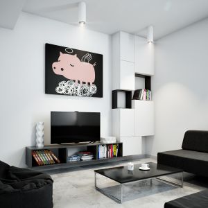 Nowoczesne meble w salonie to przede wszystkim formy modułowe. W minimalistycznym salonie pod telewizorem sprawdzą się kubiki z kolekcji mebli "Tetrees" Fot. Tetrees