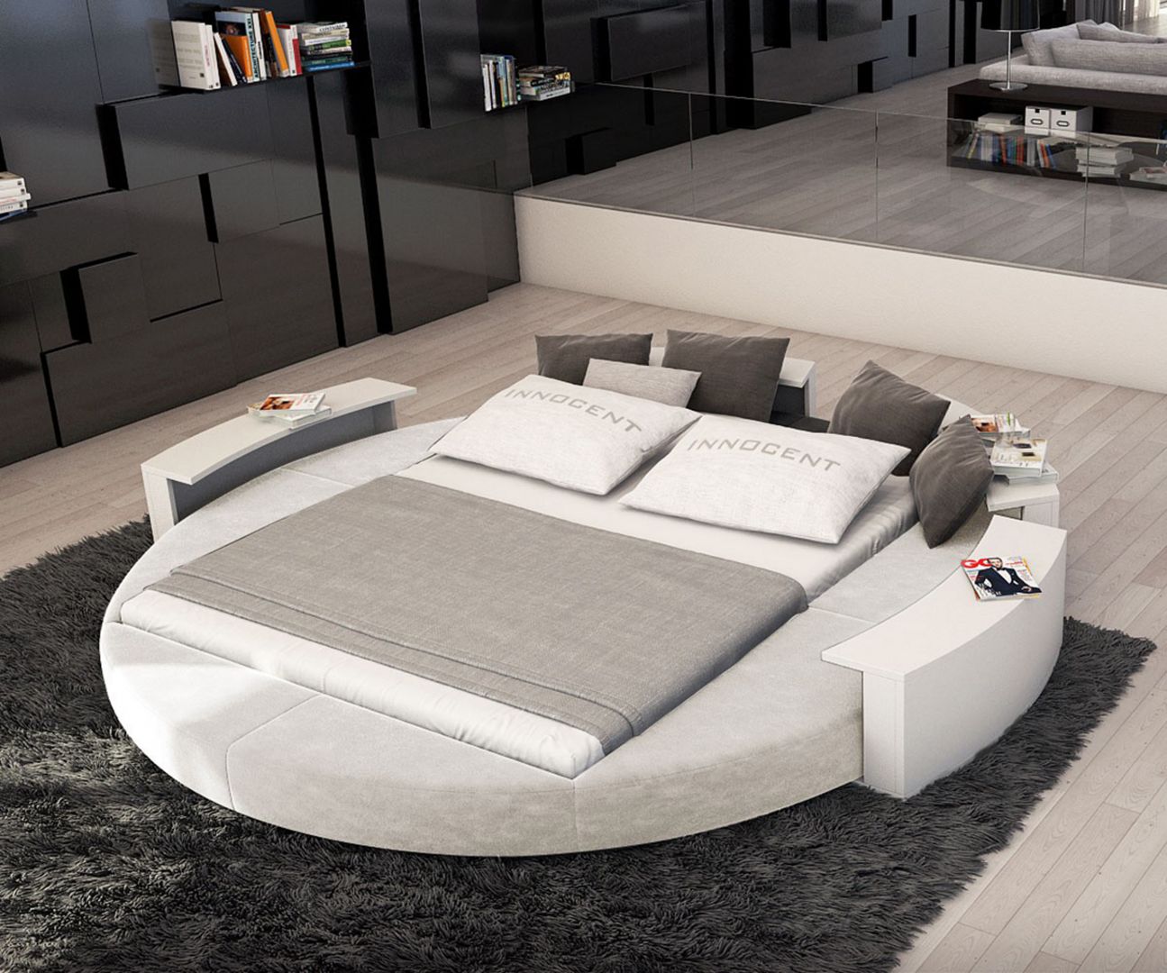 Okrągłe łóżko to najbardziej modernistyczna wersja mebli sypialnianych na współczesnym rynku. Najlepiej sprawdza się w dużych, przestronnych sypialniach. Na zdjęciu model Rundbett Ailina. Fot. Delife 