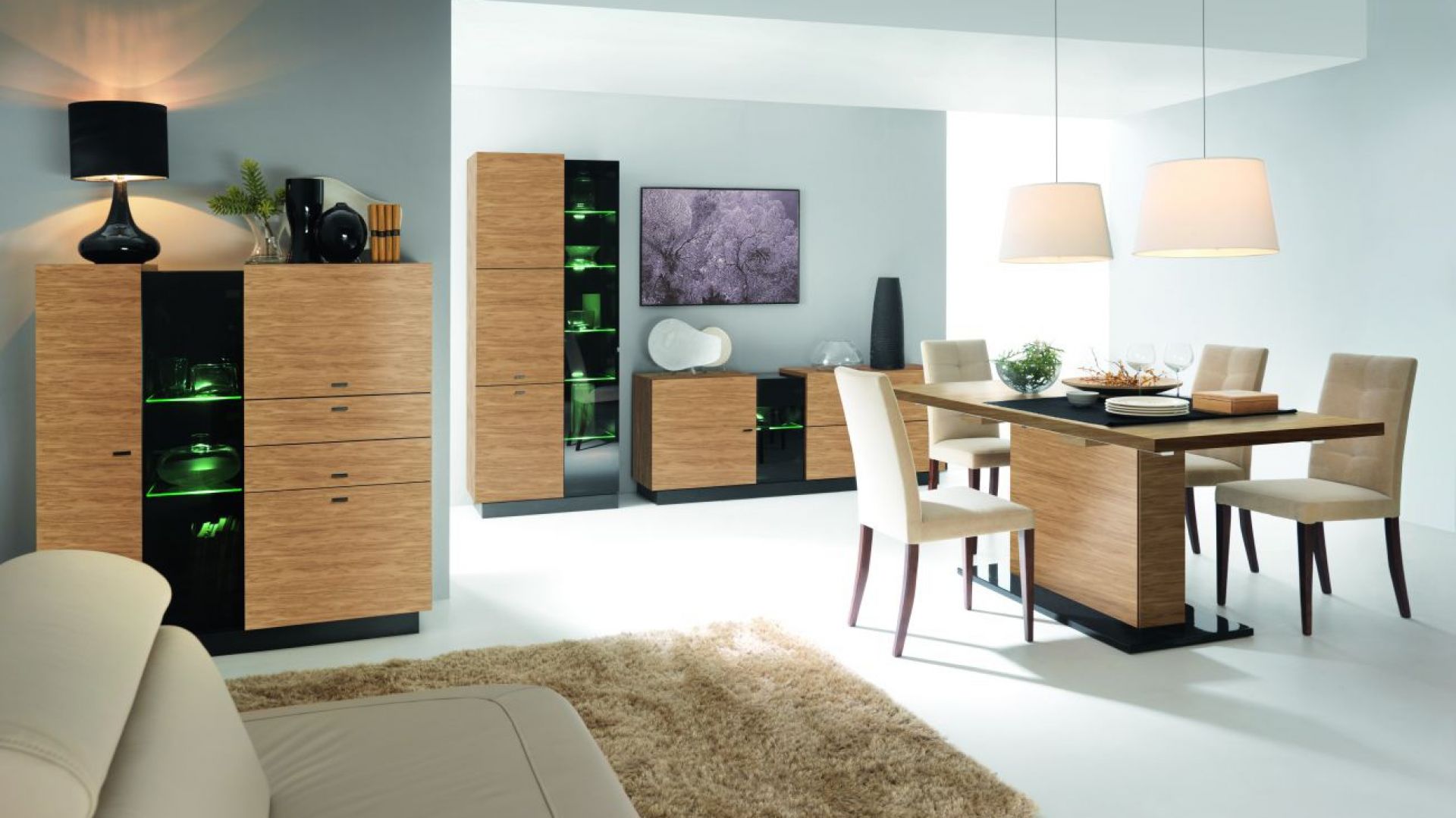 Jadalnia Quartz Natura marki Bydgoskie Meble łączy w sobie piękno naturalnego drewna i zmysłowość oświetlenia. Fot. Bydgoskie Meble