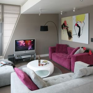 Szary kolor na ścianie dobrze jest przełamać mocnym akcentem. Świetnie sprawdzi się sofa w intensywnej barwie, np. w różu. Projekt: Małgorzata Borzyszkowska. Fot. Bartosz Jarosz