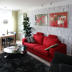 Czerwona sofa w tym wnętrzu stanowi barwną plamę na tle szarości. Projekt Marta Kruk. Fot. Bartosz Jarosz