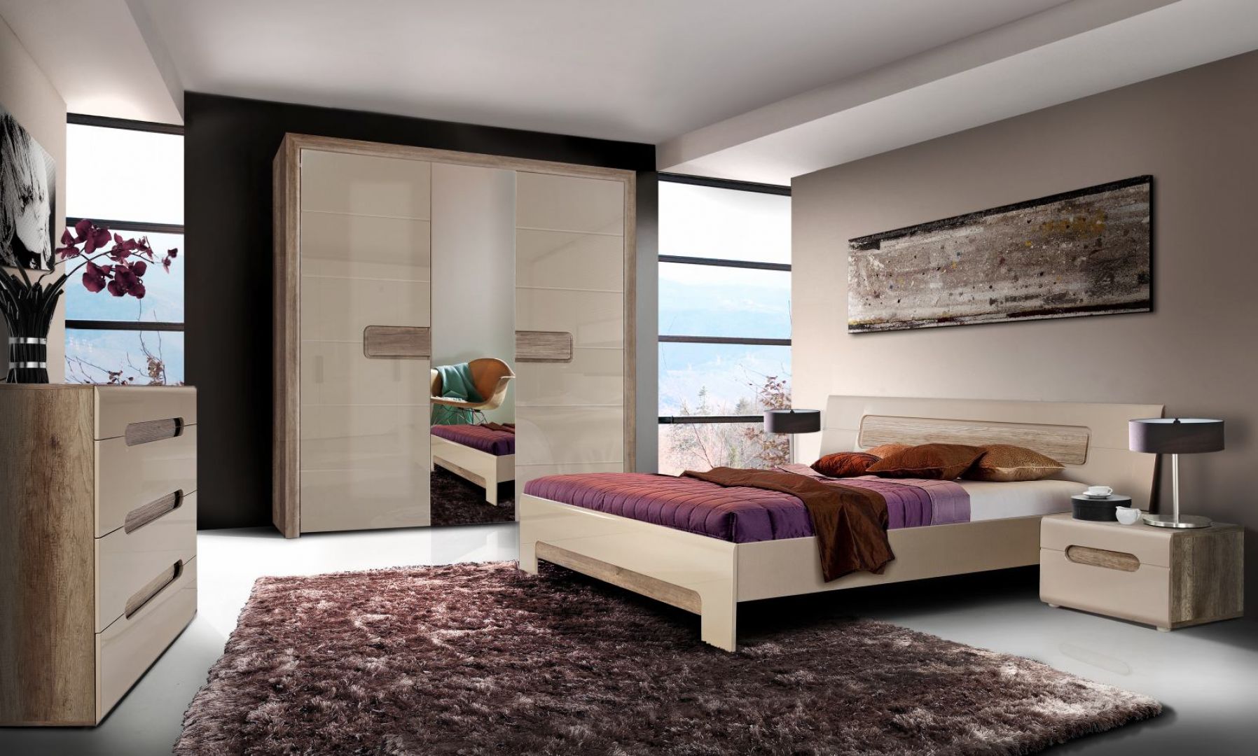 Sypialnia Tiziano ma jasne, ciepłe kolory, które doskonale nadają się do aranżacji przytulnej sypialni. Wąskie i wysokie lustro pomiędzy drzwiami w szafie  optycznie powiększy pokój. Cena: od 1149 zł. Fot. Meble Forte