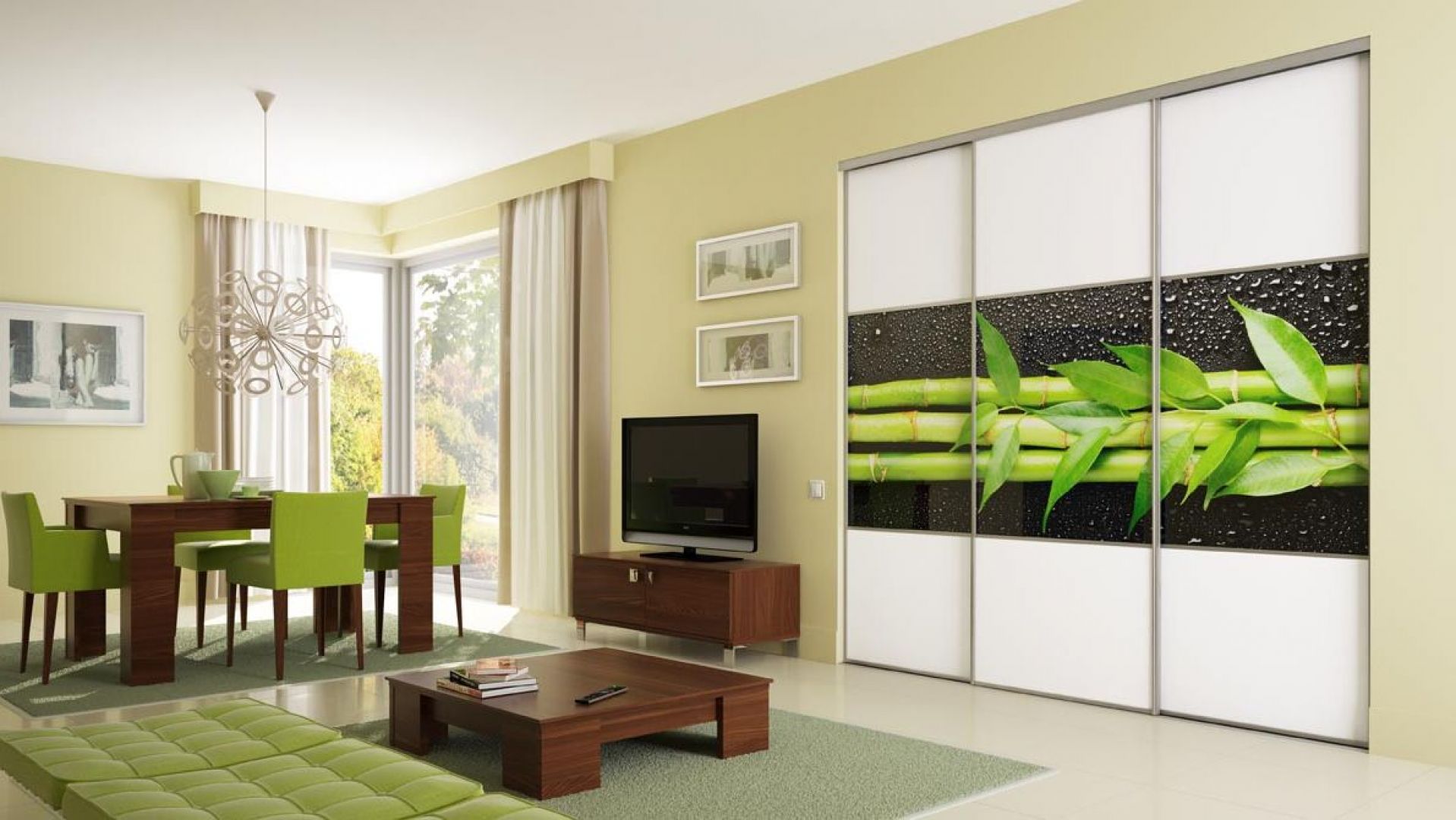 Graficzny motyw bambusa na drzwiach szafy stanowi mocny element dekoracyjny salonu. Fot. Komandor 