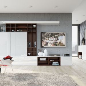 Salon w stylu loft może być nowoczesny. Sprawdzą się w nim białe meble o prostych bryłach, połączone z elementami drewna, takie jak kolekcja Loft. Fot. Szynaka Meble 