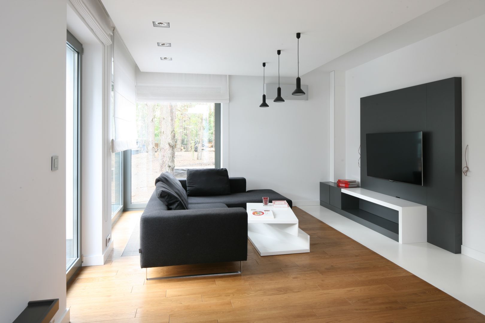 Szara sofa o geometrycznej formie sprawia, że wnętrze nabiera nowoczesnego wyglądu. Projekt: Kasia Kiełek Fot. Bartosz Jarosz 