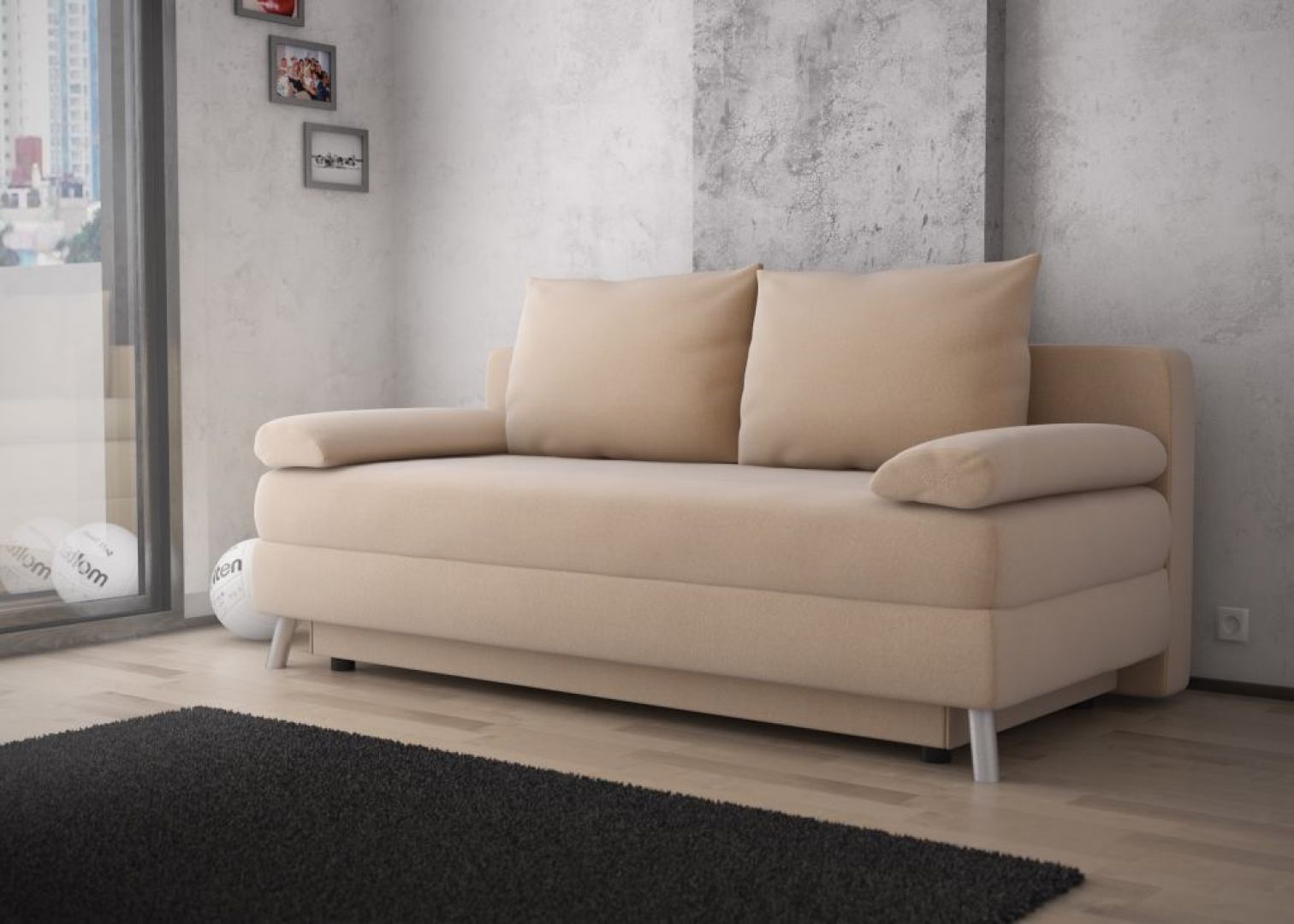 Sofa Carmen na metalowych, subtelnych nóżkach, posiada funkcję spania, pojemnik na pościel oraz wbudowany mechanizm ułatwiający rozkładanie mebla. Fot. Fresh  