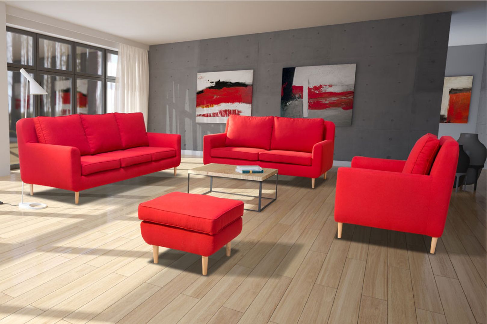 Sofa w salonie to wyraźny element dekoracyjny. Warto wykończyć ją charakterystyczną tkaniną, np. w czerwonym kolorze. Fot. Agpol