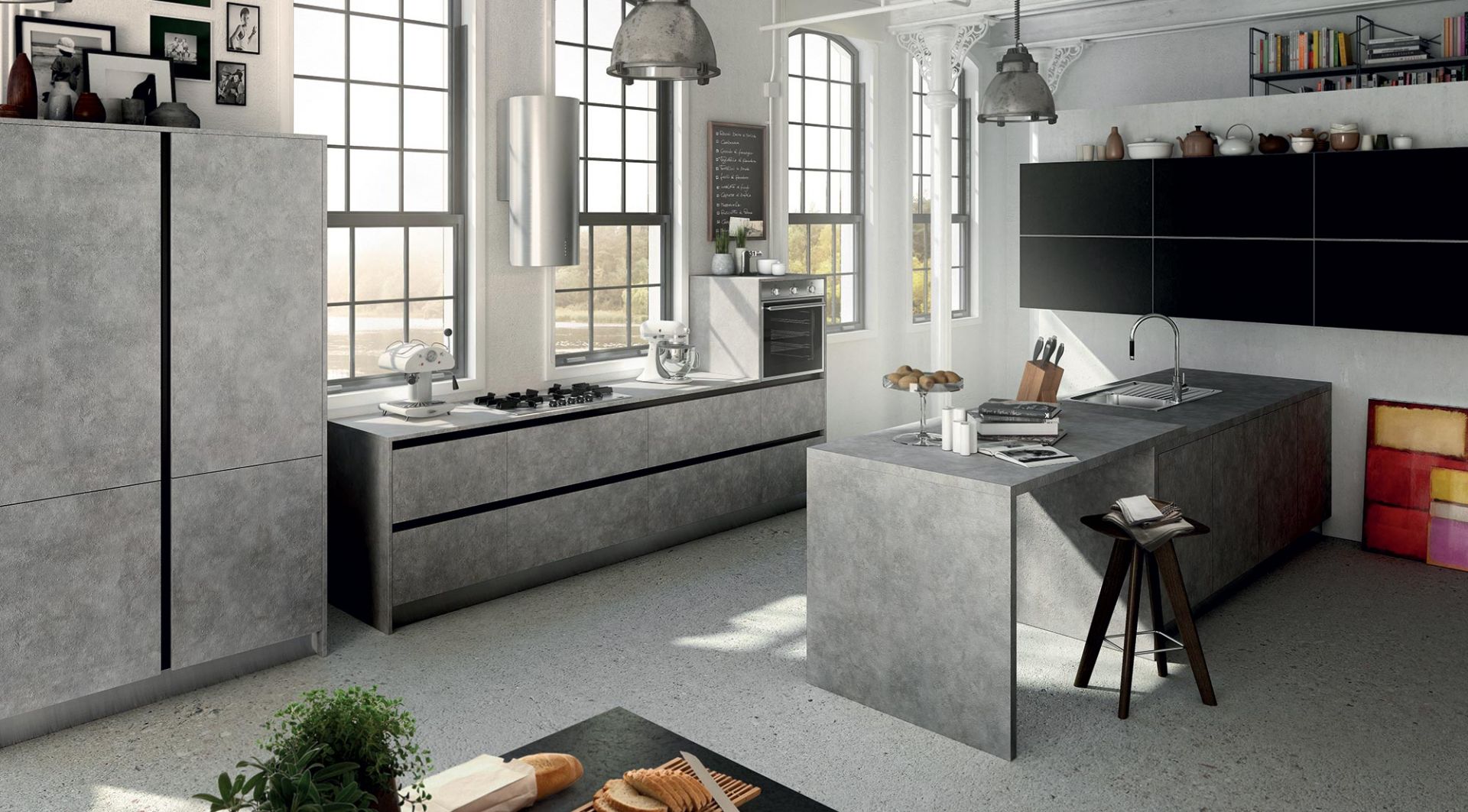 Fronty imitujące kamień lub beton prezentują się surowo i minimalistyczne. To doskonale rozwiązanie do nowoczesnej kuchni. Fot. Municchi Cucine