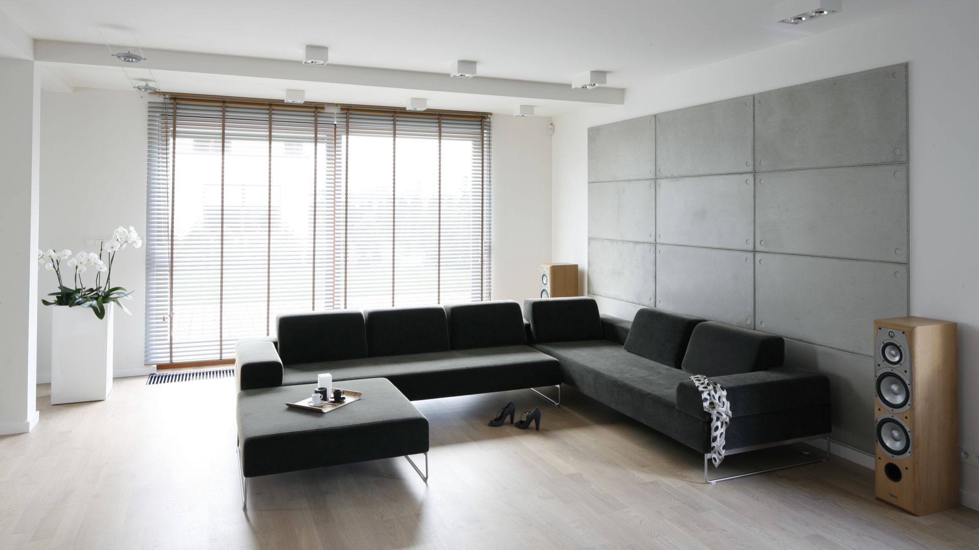 Minimalistyczny salon powinien być urządzony w taki sposób, aby dawał wrażenie jak największej przestrzeni. Projekt: Agnieszka Ludwinowska. Fot. Bartosz Jarosz