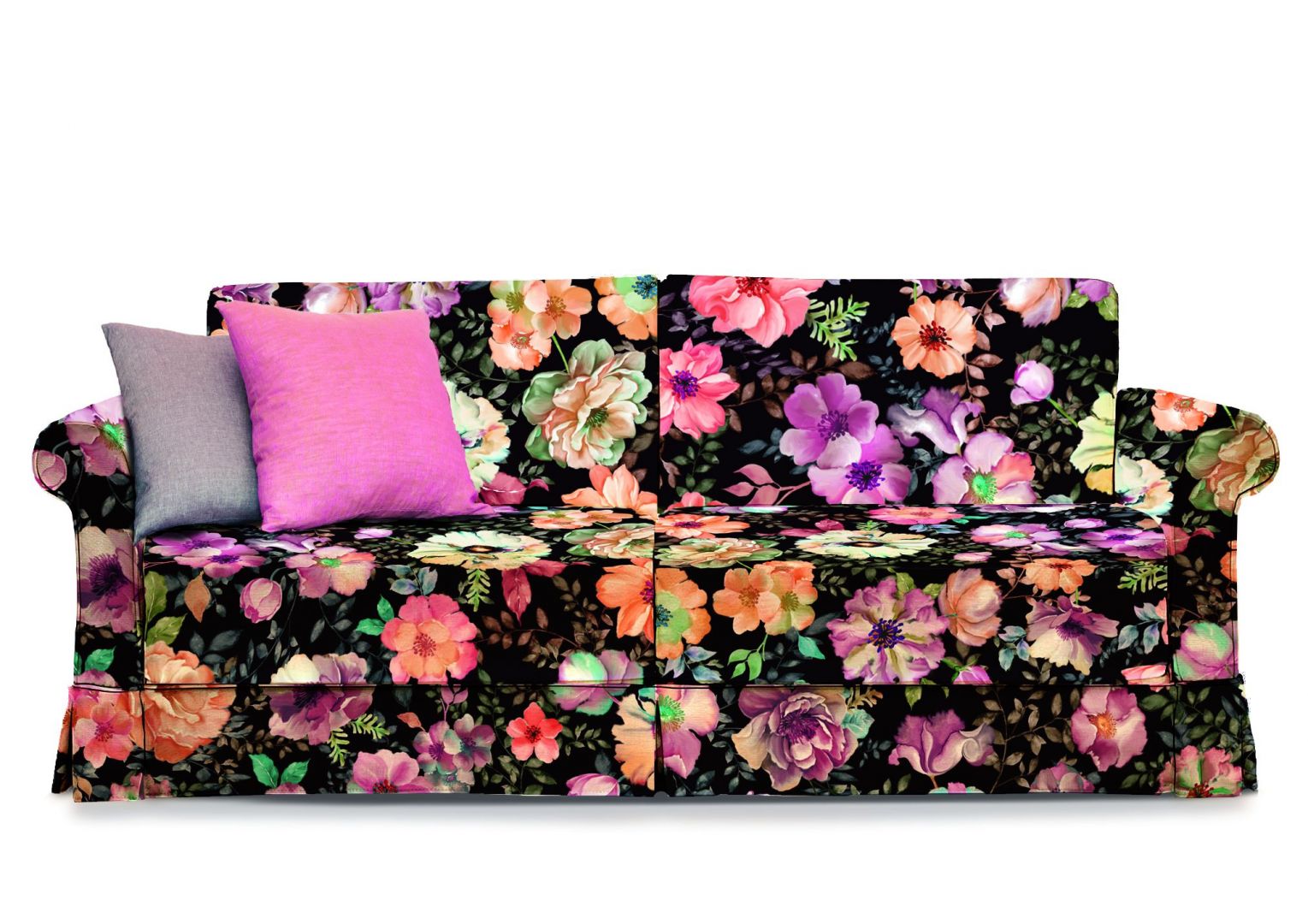 Sofa udekorowana wielobarwnym nadrukiem florystycznym. Wesołe, kolorowe kwiaty oraz dekoracyjne poduchy sprawiają, że to prawdziwa ozdoba wnętrza. Fot. Davis