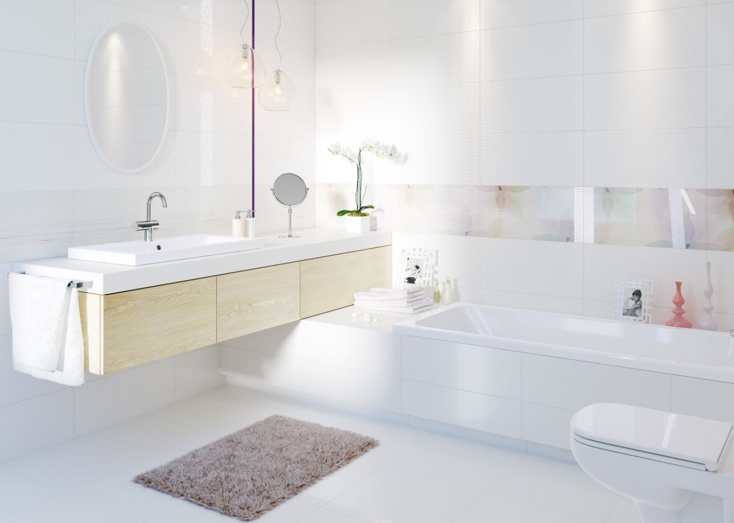 Modna łazienka utrzymana w białej tonacji. Aranżację pięknie przełamano elementami z drewna. Fot. Cersanit 