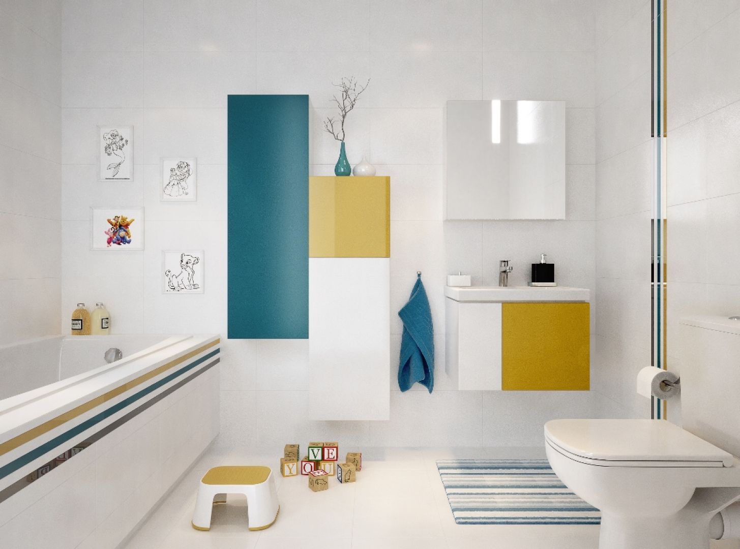 Biała łazienka przełamana kolorowymi elementami prezentuje się wizualnie ciepło. Fot. Cersanit 