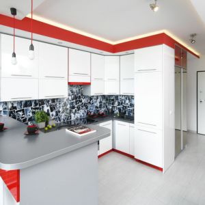 Zabudowy L są doskonałą opcją do małego pomieszczenia, gdzie kuchnia graniczy z salonem. Projekt: Monika Olejnik. Fot. Bartosz Jarosz