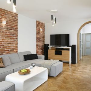 Salon zainspirowany stylem loft. Szara sofa pięknie prezentuje się na tle ściany wykończonej cegłą. Projekt: Agata Piltz. Fot. Bartosz Jarosz 