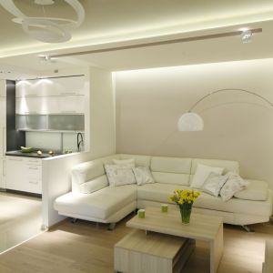 Biała sofa w białym salonie będzie wyglądać świeżo i nowocześnie. Decydując się na białą sofę, warto jednak wybrać niebrudzącą się tkaninę, lub taką, z której z łatwością usuniemy plamy. Projekt: Marta Kilan. Fot. Bartosz Jarosz